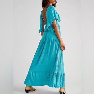 Turquoise Boho Maxi Dress | Flutter Sleeves Resort Vacation Dress | Size M